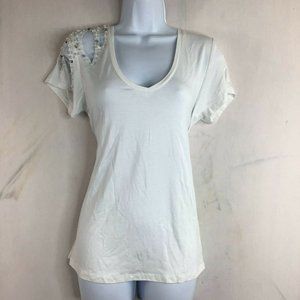 MET Women's White Round Neck Beaded Slit Sleeve Blouse Top Size L